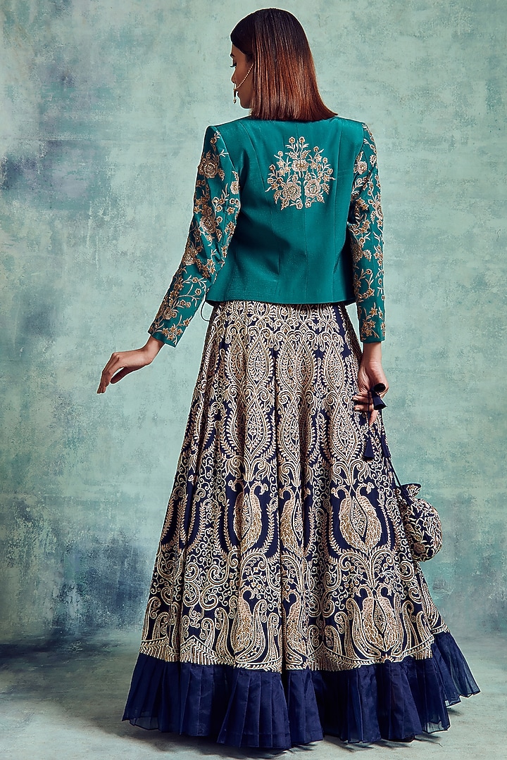 Indigo Crepe Embroidered Jacket Wedding Lehenga Set by Vedika Soni at Pernia's Pop Up Shop
