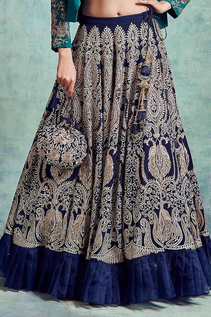Indigo Crepe Embroidered Jacket Wedding Lehenga Set by Vedika Soni at Pernia's Pop Up Shop