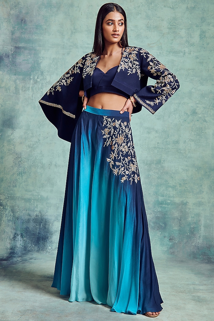 Blue Ombre Embroidered Jacket Set by Vedika Soni