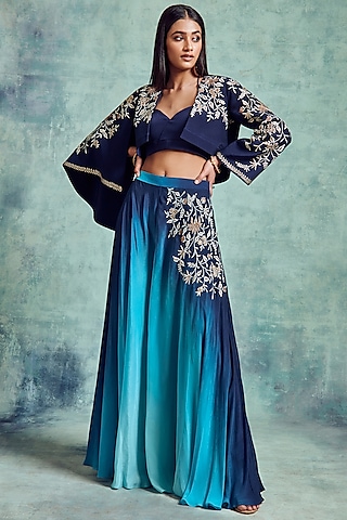 Blue Ombre Embroidered Jacket Set by Vedika Soni