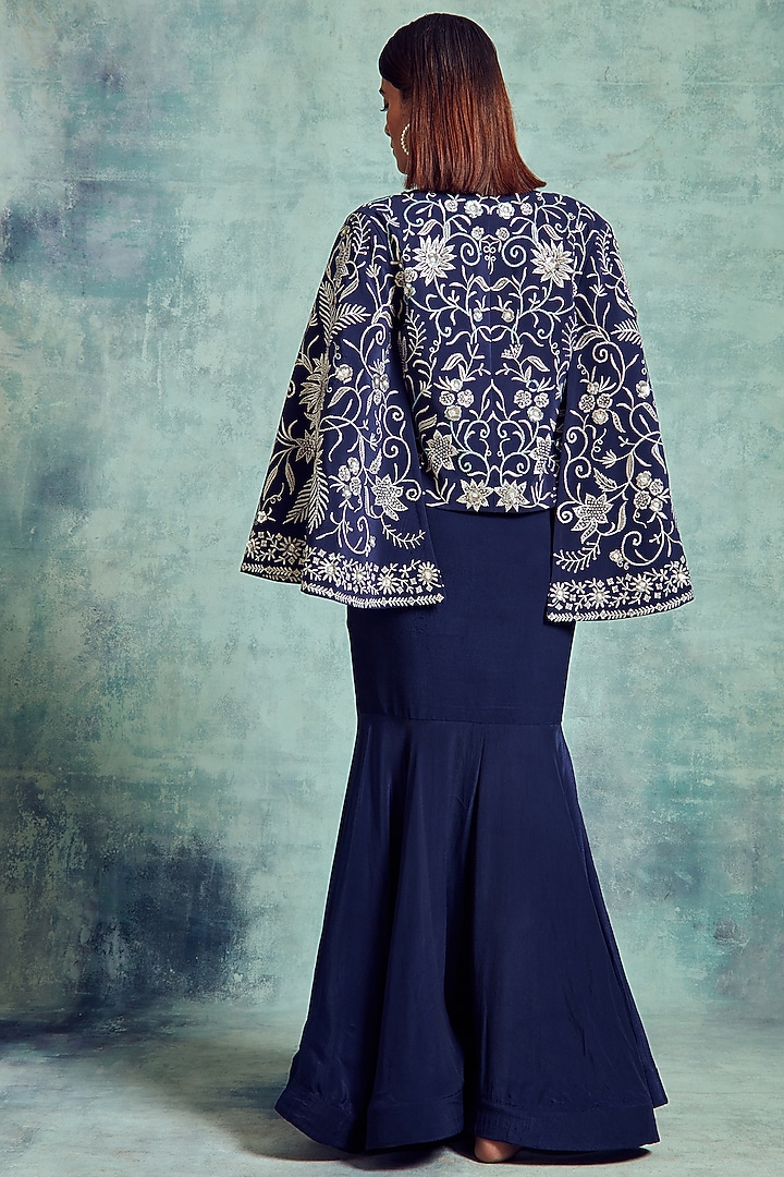 Navy Blue Embroidered Jacket Set by Vedika Soni at Pernia's Pop Up Shop