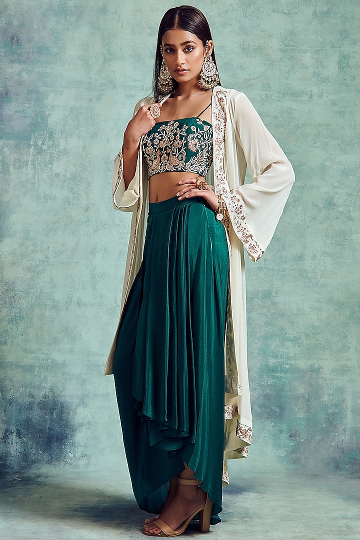 White & Forest Green Embroidered Cape Set by Vedika Soni