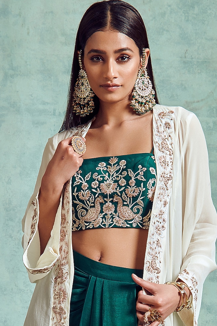Forest Green Crepe Dhoti Skirt Set by Vedika Soni at Pernia's Pop Up Shop