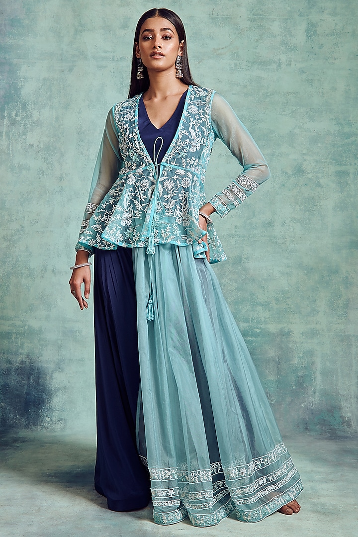 Indigo & Artic Blue Embroidered Skirt Set by Vedika Soni