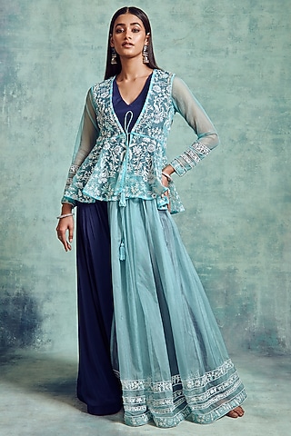 Indigo & Artic Blue Embroidered Skirt Set by Vedika Soni