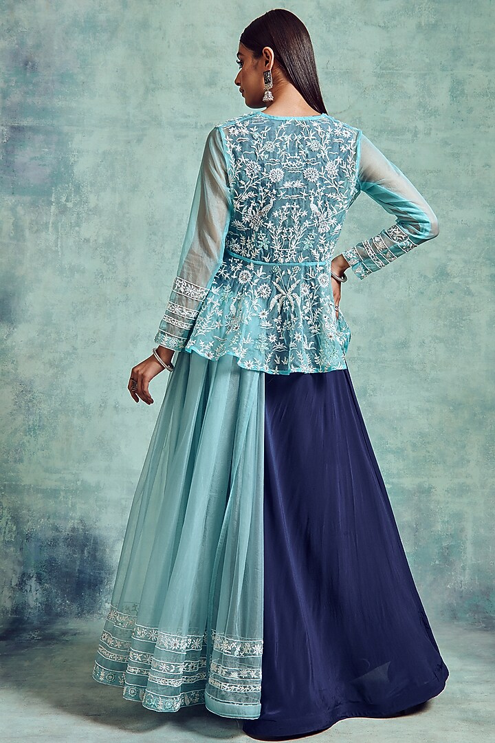 Indigo & Artic Blue Embroidered Skirt Set by Vedika Soni at Pernia's Pop Up Shop