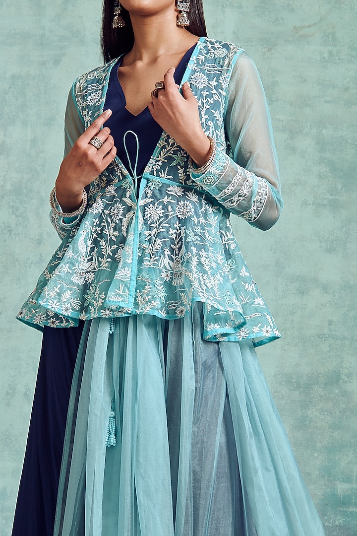 Indigo & Artic Blue Embroidered Skirt Set by Vedika Soni at Pernia's Pop Up Shop