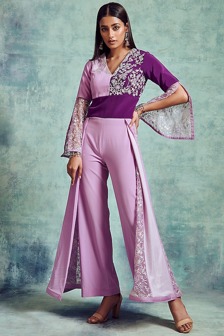 Mauve & Russian Violet Embroidered Jumpsuit by Vedika Soni