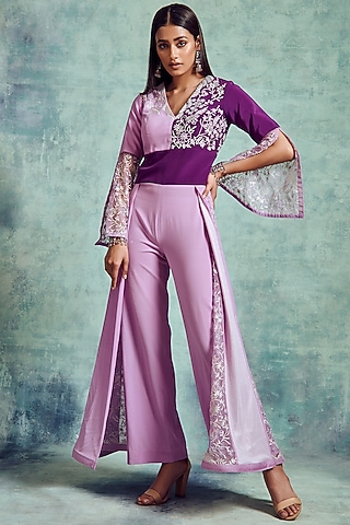 Mauve & Russian Violet Embroidered Jumpsuit by Vedika Soni