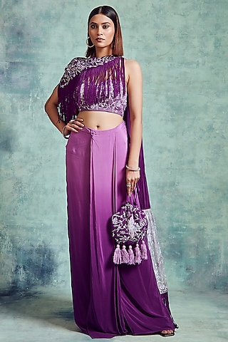 Mauve & Russian Violet Crepe Draped Saree Set by Vedika Soni