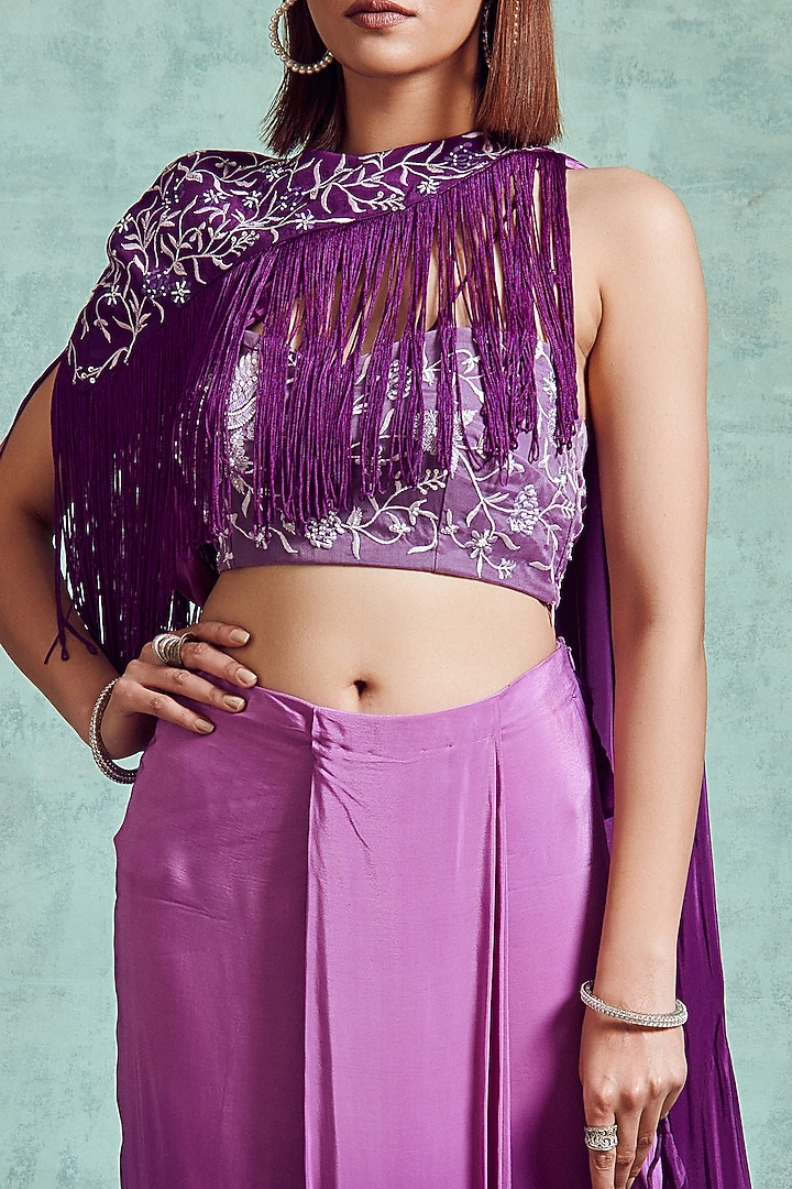 Mauve & Russian Violet Crepe Draped Wedding Saree Set by Vedika Soni at Pernia's Pop Up Shop