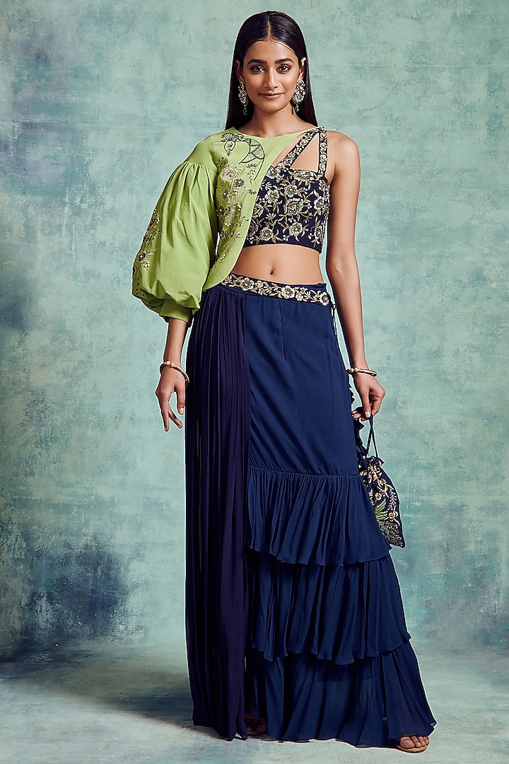 Light Green & Indigo Blue Embroidered Skirt Set by Vedika Soni