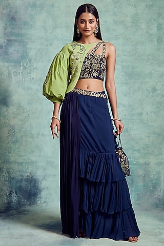 Light Green & Indigo Blue Embroidered Skirt Set by Vedika Soni