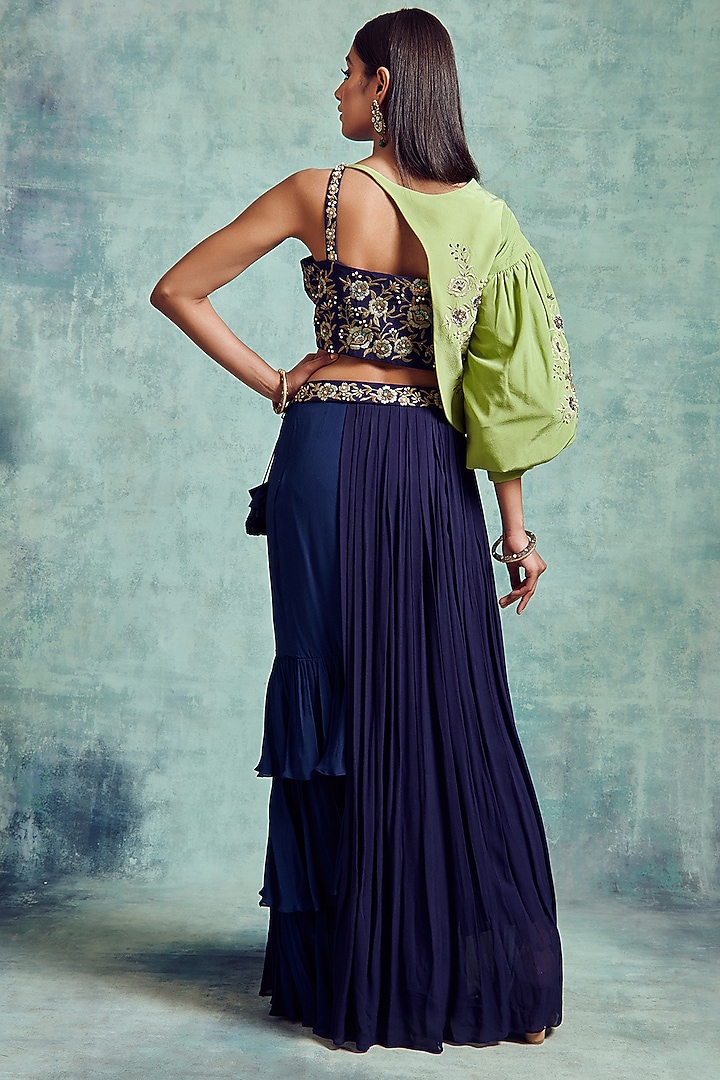 Light Green & Indigo Blue Embroidered Skirt Set by Vedika Soni at Pernia's Pop Up Shop