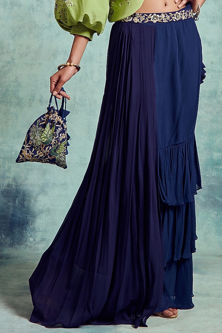 Light Green & Indigo Blue Embroidered Skirt Set by Vedika Soni at Pernia's Pop Up Shop