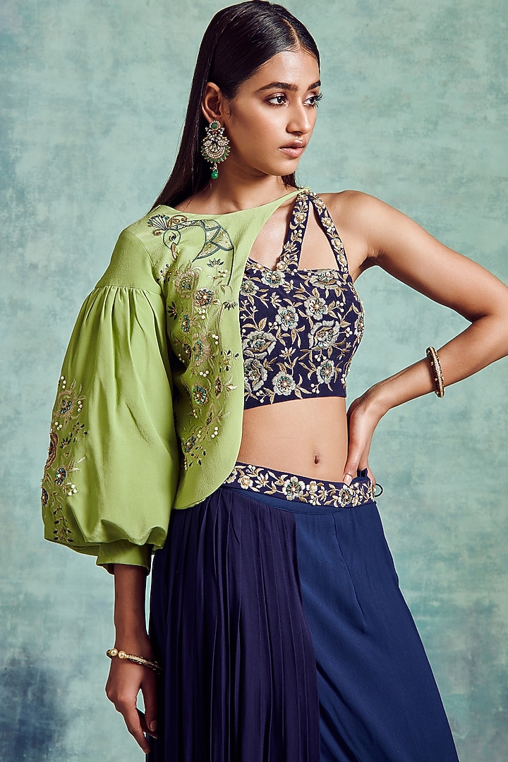 Light Green & Indigo Blue Embroidered Skirt Set by Vedika Soni at Pernia's Pop Up Shop