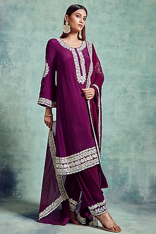 Russian Violet Embroidered Kurta Set by Vedika Soni