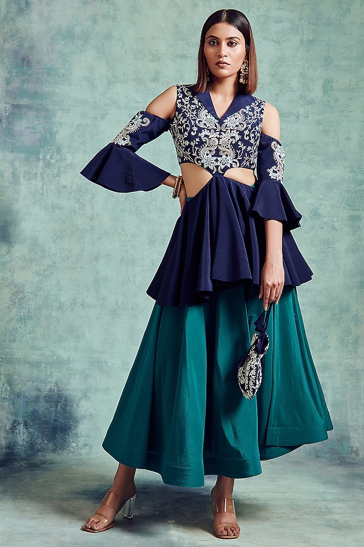 Indigo Blue & Ocean Green Embroidered Skirt Set by Vedika Soni