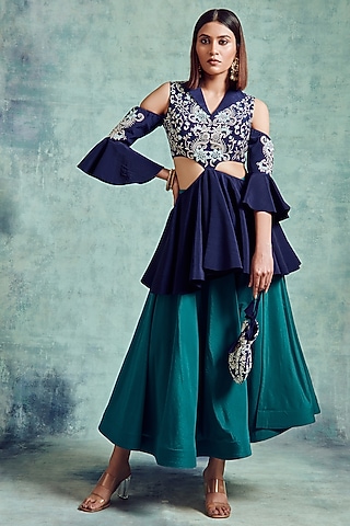 Indigo Blue & Ocean Green Embroidered Skirt Set by Vedika Soni