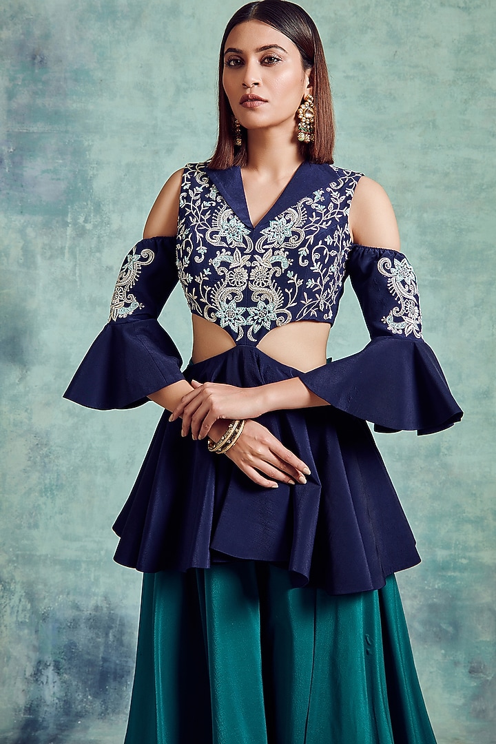 Indigo Blue & Ocean Green Embroidered Skirt Set by Vedika Soni at Pernia's Pop Up Shop