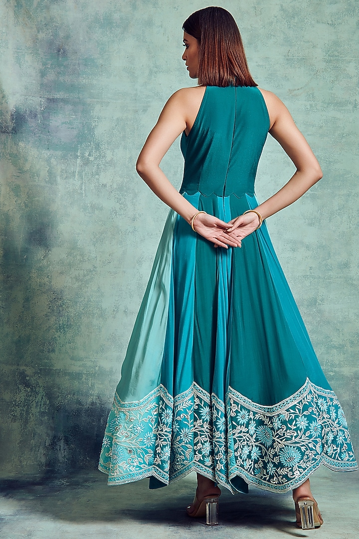 Sea Blue Embroidered Wedding Anarkali Set by Vedika Soni at Pernia's Pop Up Shop