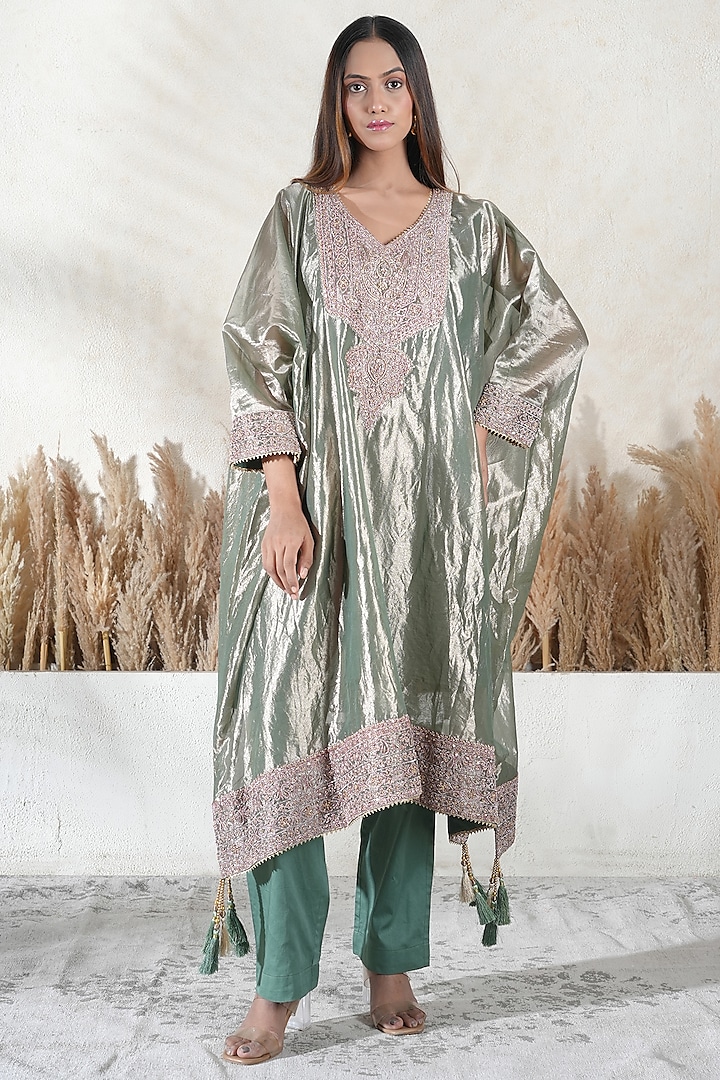Metallic Green Tissue Embroidered Kaftan Set by Vedika Soni at Pernia's Pop Up Shop