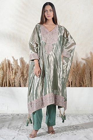 Metallic Green Tissue Embroidered Kaftan Set by Vedika Soni