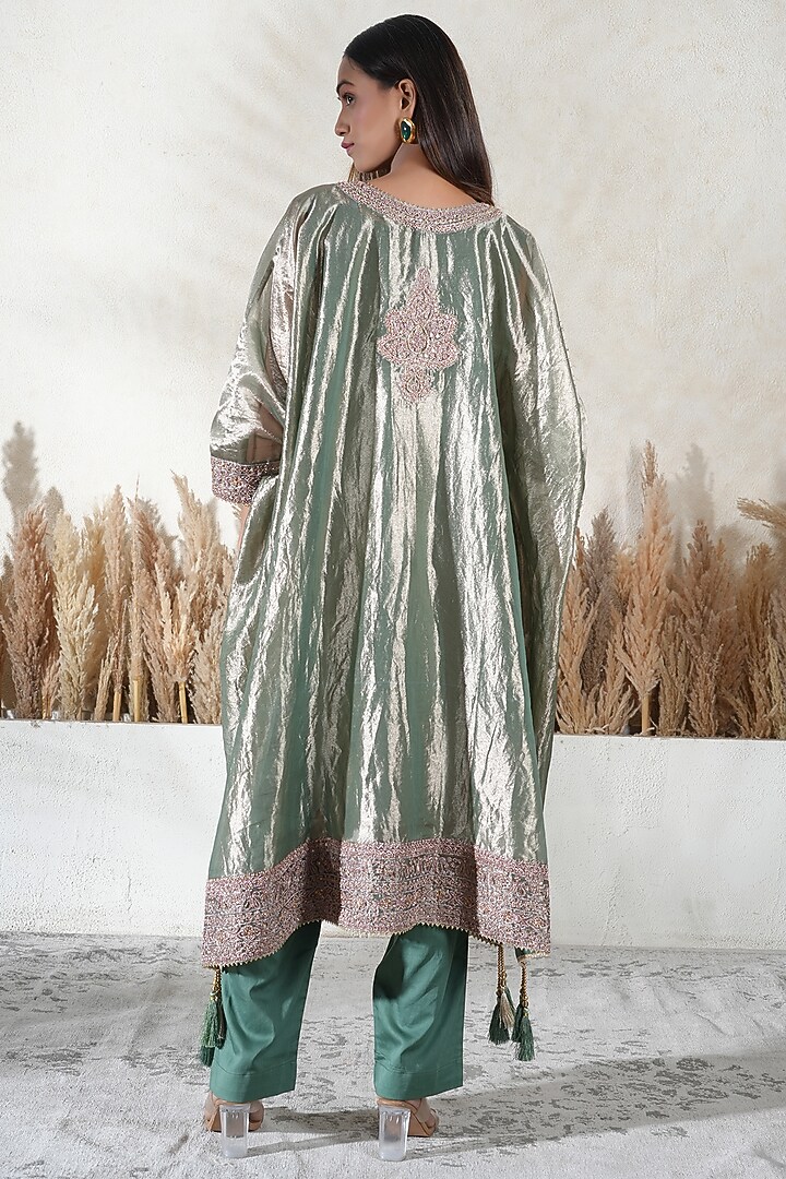 Metallic Green Tissue Embroidered Kaftan Set by Vedika Soni at Pernia's Pop Up Shop