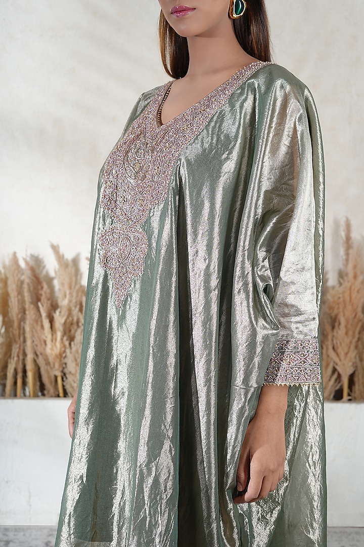 Metallic Green Tissue Embroidered Kaftan Set by Vedika Soni at Pernia's Pop Up Shop