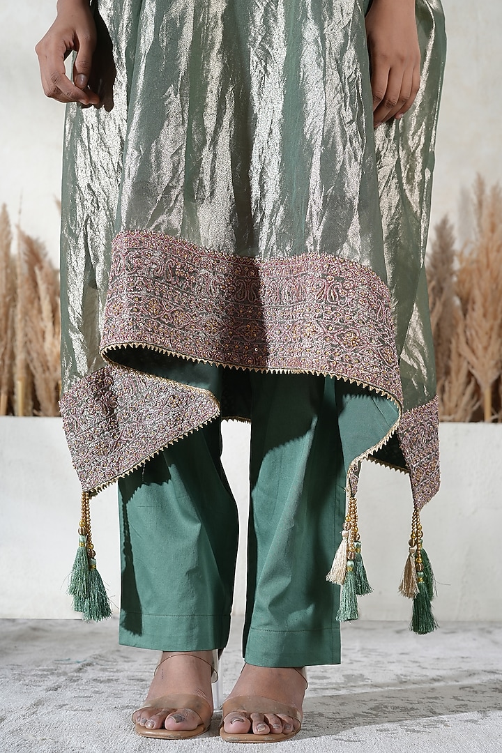 Metallic Green Tissue Embroidered Kaftan Set by Vedika Soni at Pernia's Pop Up Shop