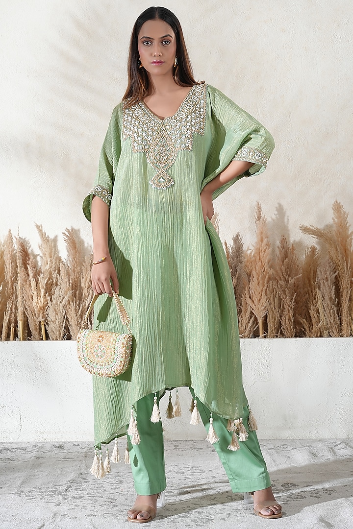 Pastel Green Crushed Tissue Embroidered Kaftan Set by Vedika Soni at Pernia's Pop Up Shop