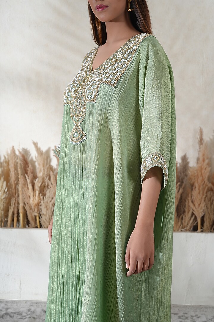 Pastel Green Crushed Tissue Embroidered Kaftan Set by Vedika Soni at Pernia's Pop Up Shop
