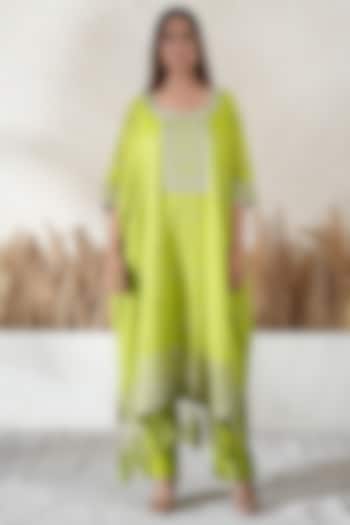 Neon Lime Chanderi Tissue Embroidered Kaftan Set by Vedika Soni at Pernia's Pop Up Shop