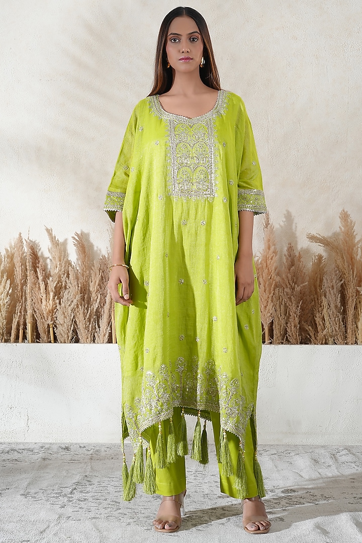 Neon Lime Chanderi Tissue Embroidered Kaftan Set by Vedika Soni at Pernia's Pop Up Shop