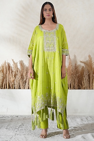 Neon Lime Chanderi Tissue Embroidered Kaftan Set by Vedika Soni