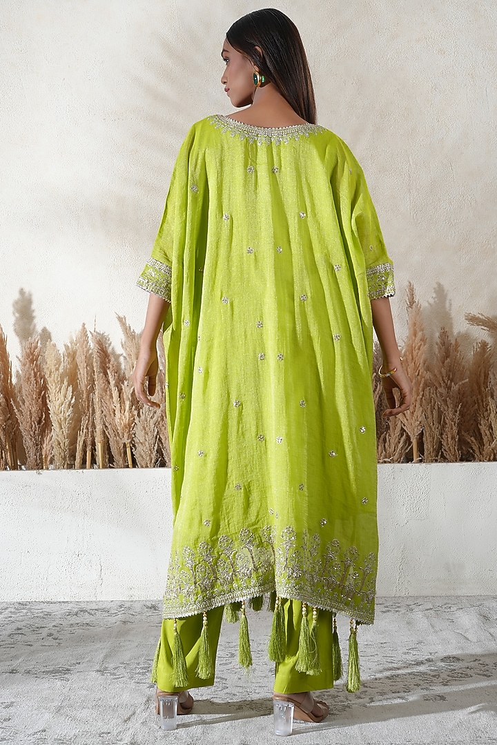 Neon Lime Chanderi Tissue Embroidered Kaftan Set by Vedika Soni at Pernia's Pop Up Shop
