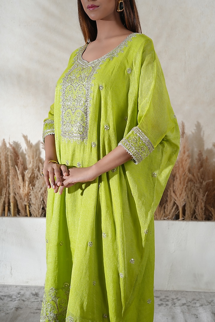 Neon Lime Chanderi Tissue Embroidered Kaftan Set by Vedika Soni at Pernia's Pop Up Shop