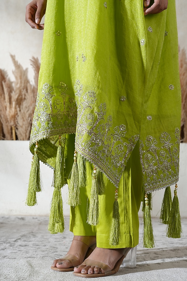 Neon Lime Chanderi Tissue Embroidered Kaftan Set by Vedika Soni at Pernia's Pop Up Shop