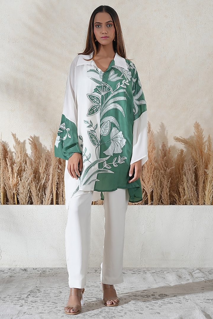 Ivory & Green Crepe Embroidered Co-Ord Set by Vedika Soni at Pernia's Pop Up Shop
