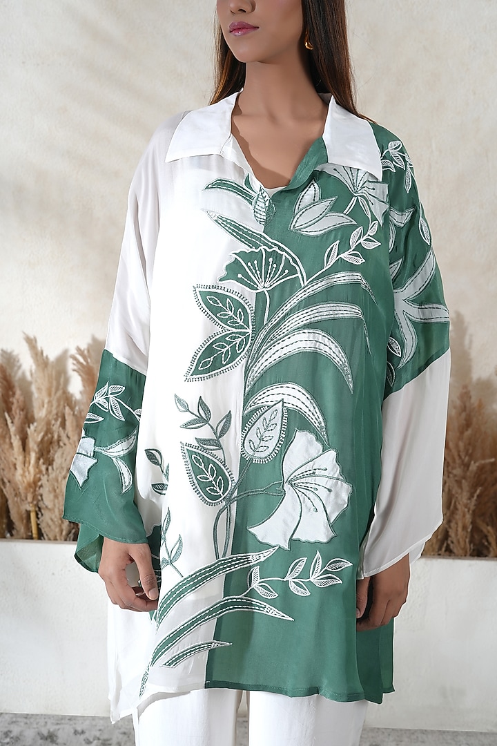 Ivory & Green Crepe Embroidered Co-Ord Set by Vedika Soni at Pernia's Pop Up Shop