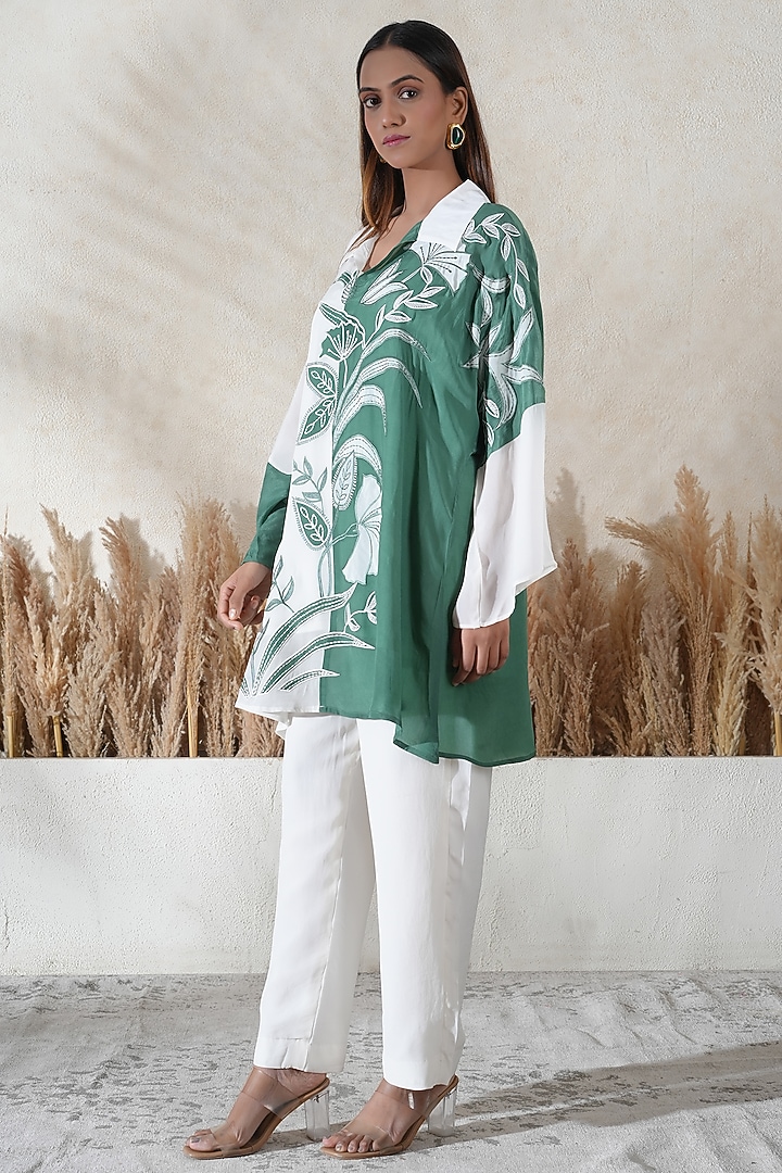 Ivory & Green Crepe Embroidered Co-Ord Set by Vedika Soni at Pernia's Pop Up Shop