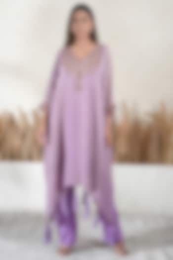 Lavender Crushed Tissue Embroidered Kaftan Set by Vedika Soni at Pernia's Pop Up Shop