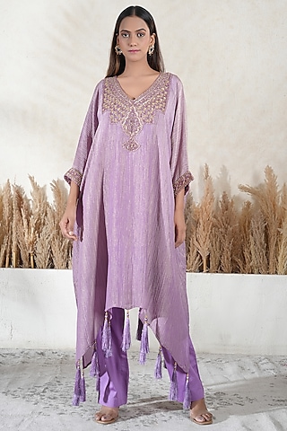 Lavender Crushed Tissue Embroidered Kaftan Set by Vedika Soni