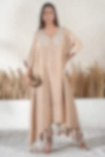 Beige Crushed Tissue Embroidered Kaftan Set by Vedika Soni at Pernia's Pop Up Shop