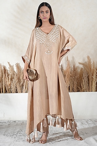Beige Crushed Tissue Embroidered Kaftan Set by Vedika Soni