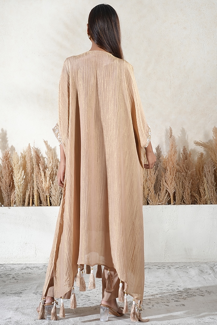 Beige Crushed Tissue Embroidered Kaftan Set by Vedika Soni at Pernia's Pop Up Shop