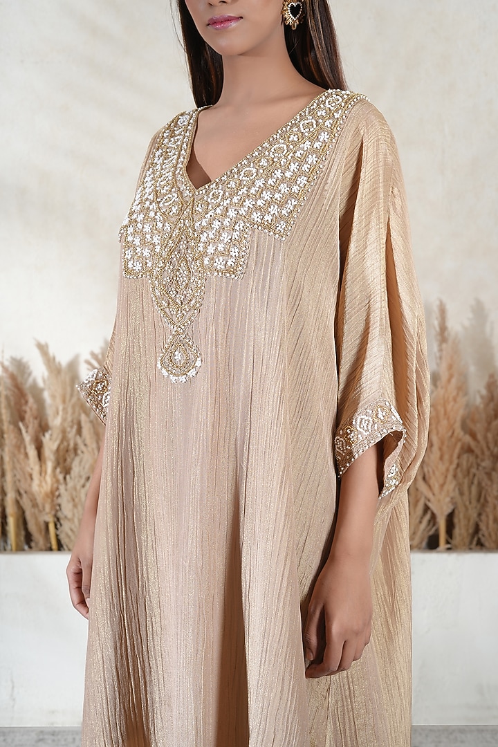 Beige Crushed Tissue Embroidered Kaftan Set by Vedika Soni at Pernia's Pop Up Shop