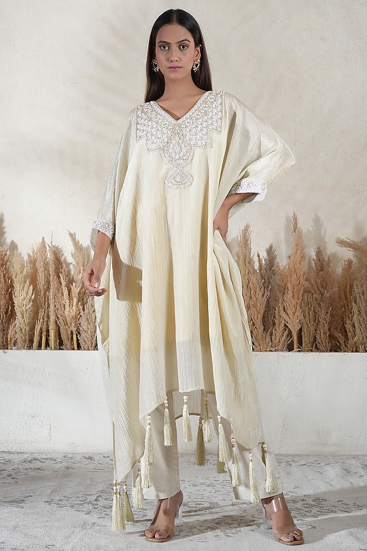 Ivory Crushed Tissue Embroidered Kaftan Set by Vedika Soni at Pernia's Pop Up Shop