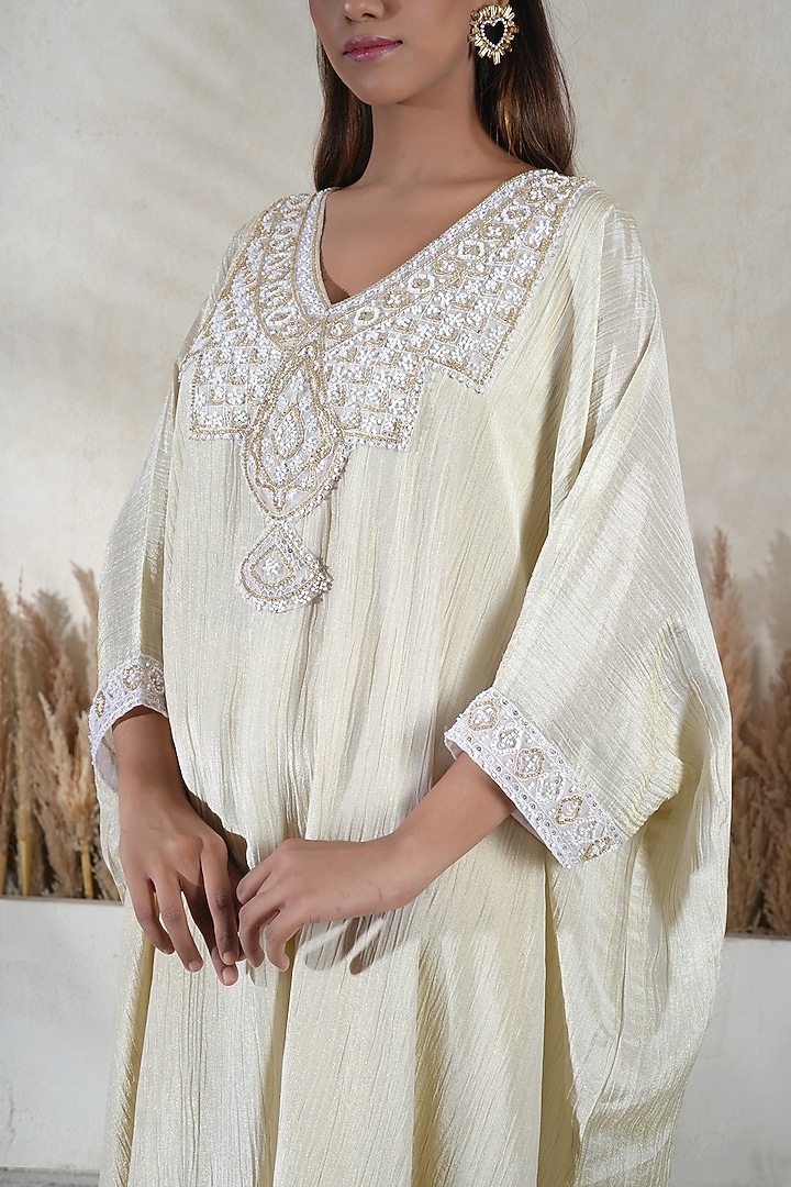 Ivory Crushed Tissue Embroidered Kaftan Set by Vedika Soni at Pernia's Pop Up Shop
