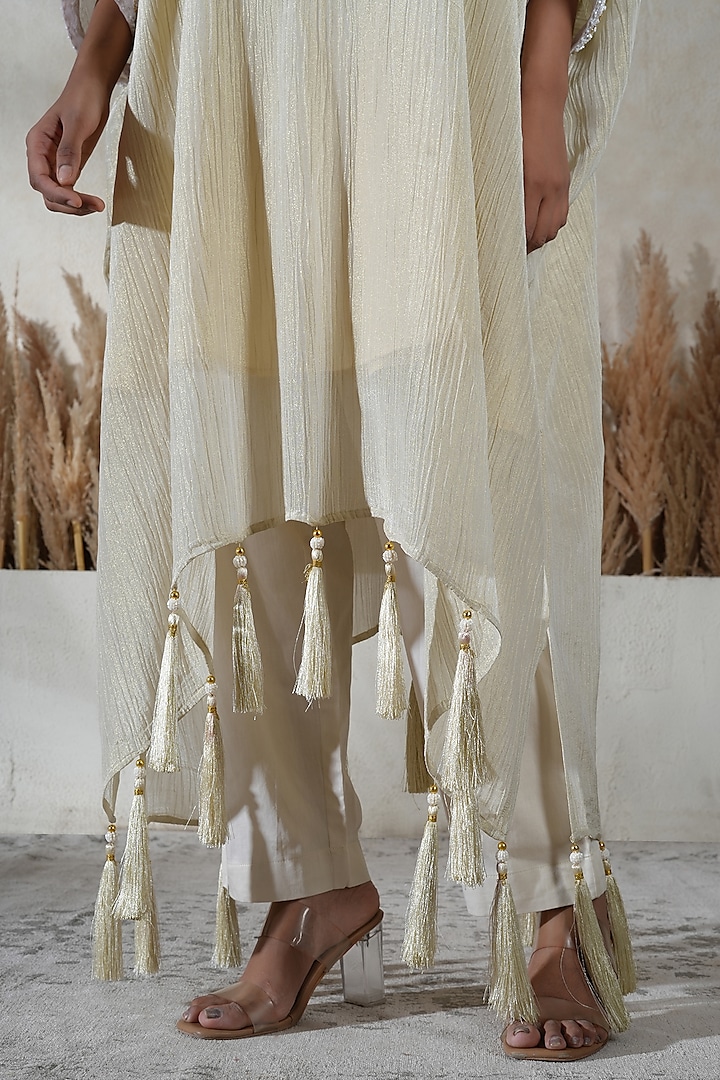 Ivory Crushed Tissue Embroidered Kaftan Set by Vedika Soni at Pernia's Pop Up Shop